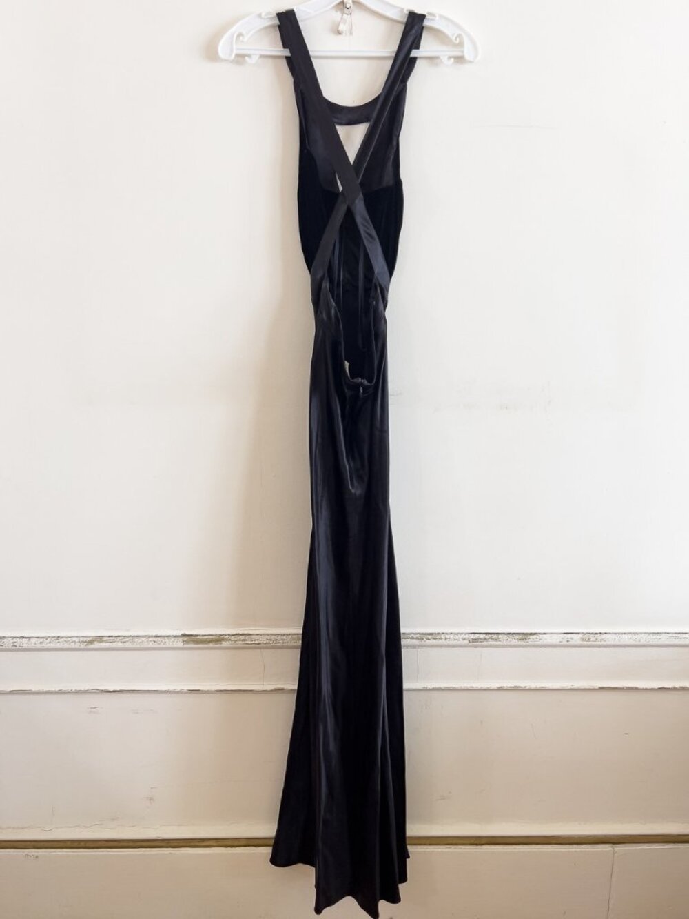 Vintage  Black Satin Crisscross Back Evening Maxi Dress with